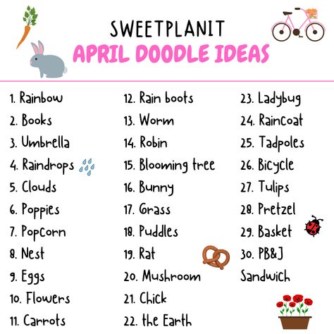 What Should I Draw: April Doodle Ideas to Get You Started! #doodles #doodling #doodleideas #doodleprompts #bulletjournal #bulletjournaling April Doodle Challenge, Things To Draw List, What Should I Draw Ideas, April Doodles, What To Doodle, Doodle Challenge, Sketchbook Prompts, Simple Drawing Ideas, What Should I Draw