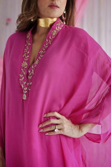 Buy Pink Chiffon Embroidered Floral Motifs V Neck Long Kaftan For Women by Shorshe Clothing Online at Aza Fashions. Shorshe Clothing, Unique Kaftan Designs, Pink Kaftan, Kaftan Design, Kaftan Women, Chiffon Kaftan, Kaftan For Women, Morning Dress, Kaftan Designs