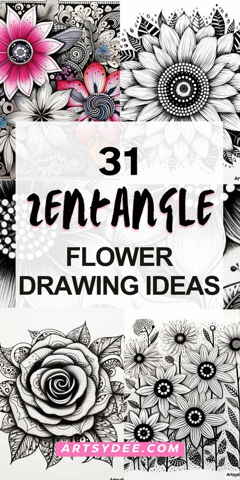 Explore 31 Zentangle Flowers for Your Sketchbook Art Inspiration! Enhance your artistic journey with a stunning array of floral zentangle designs. Ignite your creativity and find inspiration for your sketchbook art. From intricate petals to mesmerizing patterns, these zentangle flowers will breathe life into your artwork. Immerse yourself in the beauty of zentangle floral art and ignite your imagination today! Don't forget to grab the bonus free zentangle flower templates. Zentangle Flowers Step By Step Simple, Zendoodle Art Flower, Leaves Zentangle, Zentangle Flowers Step By Step, Zentangle Art Flowers, Colourful Zentangle Art, Zentangle Art Easy, Simple Zentangle, Colorful Zentangle