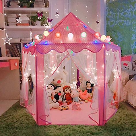 Large Playhouse, Princess Playhouse, Playhouse Kids, Girls Playhouse, Kids Castle, Star String Lights, Play Tents, Fairy Lights Bedroom, Kids Play Tent