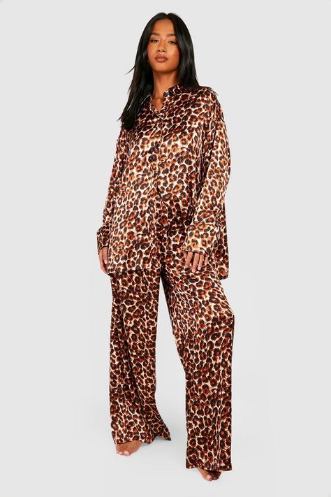 Petite Satin Leopard Pyjama Set | boohoo Pajamas Black Women, Petite Pajamas, Leopard Pajamas, Honeymoon Outfits, Petite Clothing, Leopard Fabric, Blazer Shirt, Tall Clothing, Print Pajamas