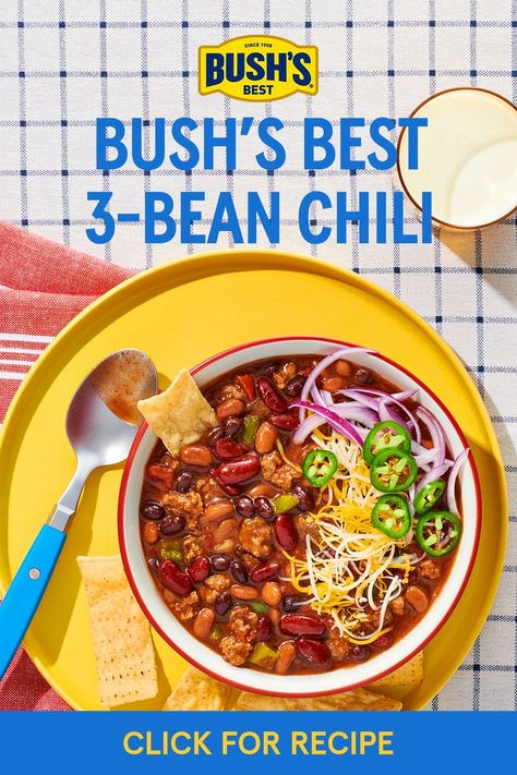 Making chili has never been easier or tastier with Bush’s 3-Bean Chili! This one pot meal brings the heat and the sweet and makes for an easy weeknight dinner. Get the chili recipe here! #weeknightdinneridea #easyrecipe #onepotrecipe #crockpotrecipe #chilirecipe Bush's Chili Recipe, 3 Bean Chili Recipe, Three Bean Chili Recipe, Sweet Chili Recipe, 3 Bean Chili, Making Chili, Crockpot Dump Recipes, Delicious Chili Recipe, Three Bean Chili