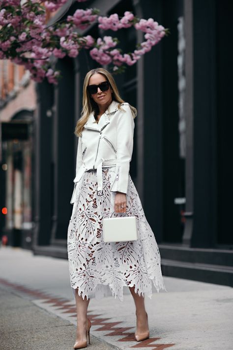 Spring Dresses | Spring Style: White Out | Brooklyn Blonde Leather Jacket White Dress, White Lace Skirt Outfit, Outfit Bianco, White Leather Jacket Outfit, White Lace Dress Outfit, Beautiful Spring Dresses, Brooklyn Blonde, Dresses Aesthetic, Dress Leather