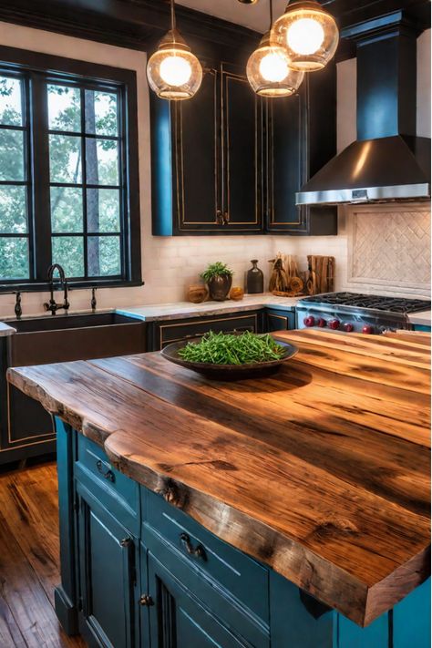 Rustic kitchen island with slate countertop Wooden Counter Tops, Rustic Countertop Ideas, Kitchen Countertop Wood, Poxy Countertops Wood, Rustic Wood Countertops Kitchen, Wood Kitchen Island Ideas, Color Kitchen Island, Wood Plank Countertop, Porcelain Countertop