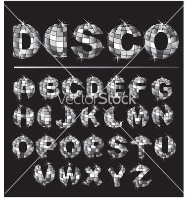 Silver disco ball letters vector on VectorStock® Disco Ball Letters, Disco Tshirt, Tags Alphabet, Silver Disco Ball, Nightlife Party, Painting Apron, Vintage Disco, Holiday Labels, Brand Refresh