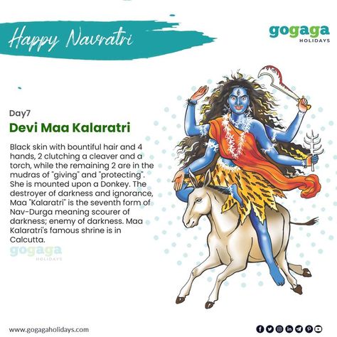 On the 7th day (Saptami) of Navratri 2021, Maa Kaalratri is worshipped. Goddess Kalaratri is believed to be the fiercest and violent appearance of Goddess Durga. It is said that Goddess Kalaratri emerged when the Maa Parvati peeled off her divine golden skin to kill the demons Shumbha and Nishumbha. Happy festival days. #devinavratri #navratri #goddess #maadurga #gogagaholidays Maa Kaalratri Images, Navaratri Day 7 Kalaratri, Navratri 7th Day Goddess, Kalaratri Devi Images, Day 7 Navratri Goddess, Day 7 Navratri, Kalaratri Devi, Kaalratri Devi, 7th Day Of Navratri