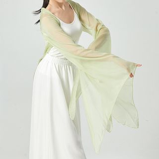 Buy Springtide Bell-Sleeve Sheer Dance Jacket at YesStyle.com! Quality products at remarkable prices. FREE Worldwide Shipping available! Bell Sleeve Bolero, Sheer Jacket Outfit, Dino Wedding, Flowy Jacket, Green Bolero, Dance Jackets, Chiffon Cardigan, Mesh Cardigan, Sheer Jacket