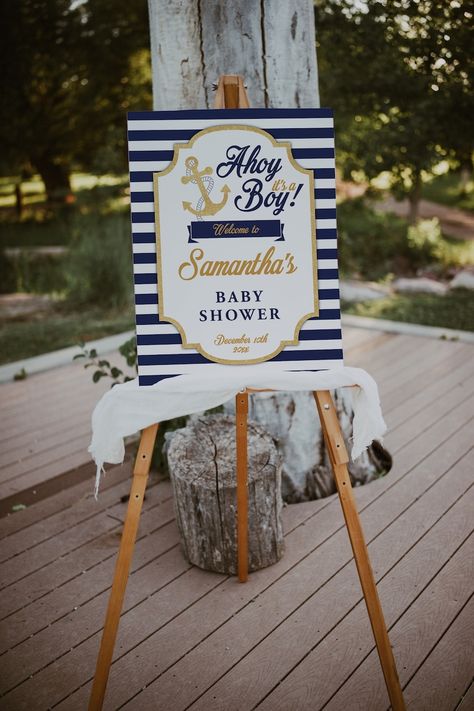 Welcome Sign Nautical Baby Shower, Ahoy It's a Boy, Blue and Gold, Navy Blue Stripes, Gold Glitter, Boy Baby Shower, Editable, Template, 46 - Etsy Ahoy Its A Boy Cake, Ahoy It’s A Boy Baby Shower Decorations, Ahoy Its A Boy Baby Shower Ideas, Nautical Baby Shower Boy, Twodles Birthday, Bebe Shower, Mickey Mouse Invitation, Ahoy Its A Boy, Minnie Mouse Birthday Party