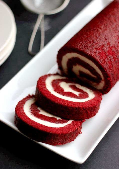 Red Velvet Cake Roll - Confessions of a Confectionista Jelly Roll Cake Recipe, Red Velvet Roll, Red Velvet Cake Roll, Roll Cake Recipe, Swiss Roll Cakes, Jelly Roll Cake, Red Velvet Desserts, Resep Brownies, Swiss Roll Cake