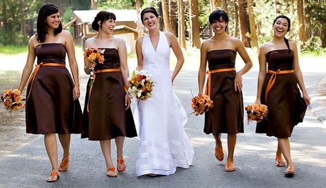 I thought I wanted burnt orange bridesmaid dresses but I really love this brown with the orange accents. Cute Bridesmaid Dresses, Country Bridesmaid Dresses, Bm Dresses, Orange Bridesmaid, Girls Bridesmaid Dresses, Bridesmaid Dresses Boho, Stunning Bridesmaid Dresses, Camo Wedding, Brown Wedding