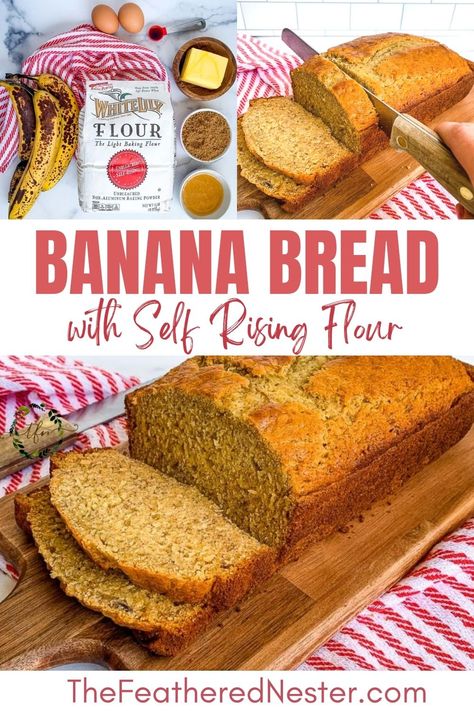 Learn how to make the best banana bread with self-rising flour in just ten minutes. This bread is tender, moist, and bursting with flavor. How To Make Bread With Self Rising Flour, Banana Muffins Self Rising Flour, Banana Bread With Self Rising Flour Easy Recipes, Banana Bread Made With Self Rising Flour, Pumpkin Bread With Self Rising Flour, Banana Bread Recipe With Self Rising, Self Raising Flour Banana Bread, Self Rising Flour Banana Bread Recipe, Banana Bread Using Self Rising Flour