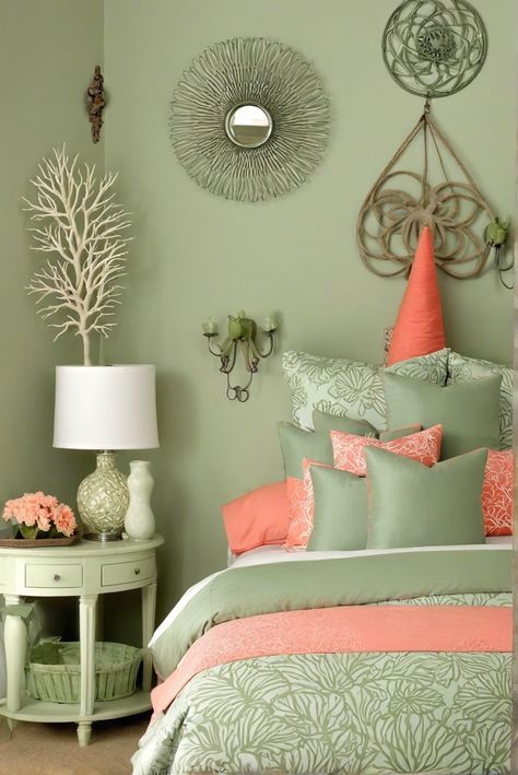 Can I Experience Midnight Whispers: Sage Green and Coral Reef Bedroom Bliss [2024]? #Ad #homedecor #homedesign #fixhome #Painthome #interiorarchitecture Sage Green And Coral Bedroom, Green And Coral Bedroom, Coral And Green Bedroom, Coral Bedroom Ideas For Adults, Sage Bedroom, Coral Room, Coral Home Decor, Coral Bedroom, Tropical Bedroom