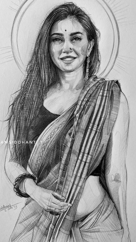 Women Figure Drawing Reference, Woman Face Sketch Simple, Women In Saree Pencil Sketch, Desi Sketch, Female Figure Drawing Reference, Indian Girl Drawing, Interesting Sketches, Hatching Drawing, Super Drawing