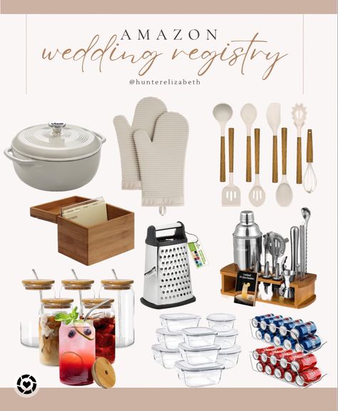 What’s on my Amazon wedding registry 🤍💍 Amazon home, kitchen essentials, Amazon kitchen, utensil set, recipe box, juice glasses, bar cart, fridge organization, food storage, Dutch oven, lodge, Amazon finds, prime day, wedding, bachelorette, bride, bridal shower, wedding shower, wedding ideas Follow my shop @HunterElizabeth on the @shop.LTK app to shop this post and get my exclusive app-only content! #liketkit #LTKwedding #LTKxPrimeDay #LTKhome @shop.ltk https://liketk.it/4cYJj Fun Wedding Registry Ideas, Housewarming Registry List, Amazon Wedding Registry Ideas, Wedding Registry Amazon, Bridal Shower Registry Ideas, Wedding Registry Must Haves, Housewarming Registry, Wedding Registry List, Wedding Registry Ideas