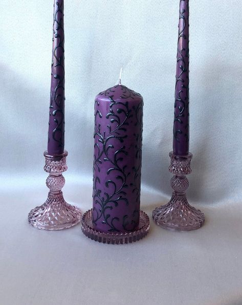 Black Purple Unity candle set  Purple Halloween Wedding Candles  Purple Gothic Table Candles  Hochzeitskerzen Black Purple Unity Candle Set Dark Purple Wedding Aesthetic, Black And Lavender Wedding, Black White And Purple Wedding, Purple And Black Wedding Theme, Black And Purple Wedding Theme, Black Purple Wedding, Purple And Black Flowers, Purple And Black Wedding, Black And Purple Wedding