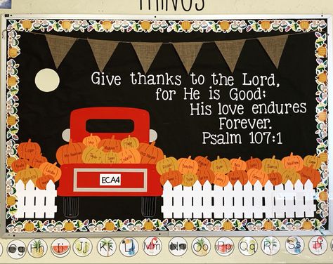 Fall Billboard Ideas For Work, Pumpkin Patch Bulletin Boards For Daycare, 3d Fall Bulletin Boards, Fall Theme Boards Preschool, October Bulletin Board Ideas Christian, Christian Halloween Bulletin Boards, Fall Bullinton Board Ideas, Fall Festival Bulletin Board Ideas, Fall Sunday School Decorations