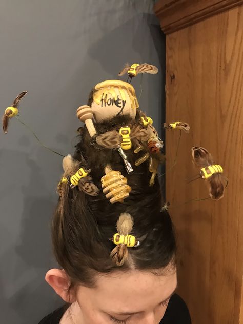 Crazy hair day for spirit week. Beekeepers daughter sporting the real beehive hairdo Updo Hairstyles For School, Troll Hair Diy, Whacky Hair Day, School Hairdos, Crazy Hair Ideas, Crazy Hair For Kids, Crazy Hair Day Ideas, Hair For Kids, Up Hairdos