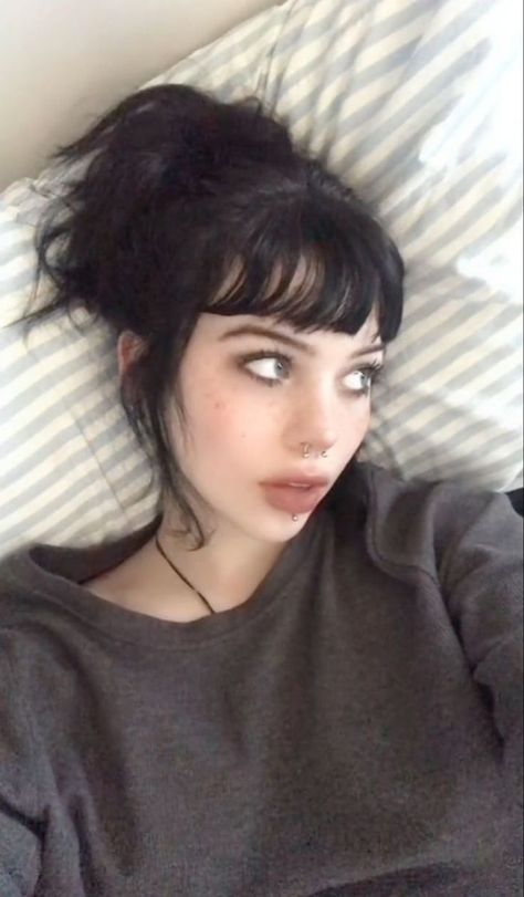 Hair Styles Goth, Long Hair In A Bun, Bangs And Long Hair, Goth Haircut, Black Bangs, Pretty Poison, Goth Hair, Short Black Hairstyles, Cut My Hair