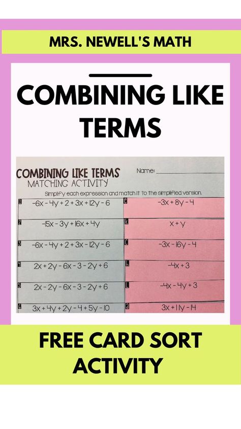 Combine Like Terms Activity, Combining Like Terms Activity, Algebraic Inequalities, Operations And Algebraic Thinking 3rd Grade, Algebra Games Middle School, Algebraic Expressions Activities, Teaching Inequalities Algebra 1, Secondary Math Classroom, Simplifying Algebraic Expressions