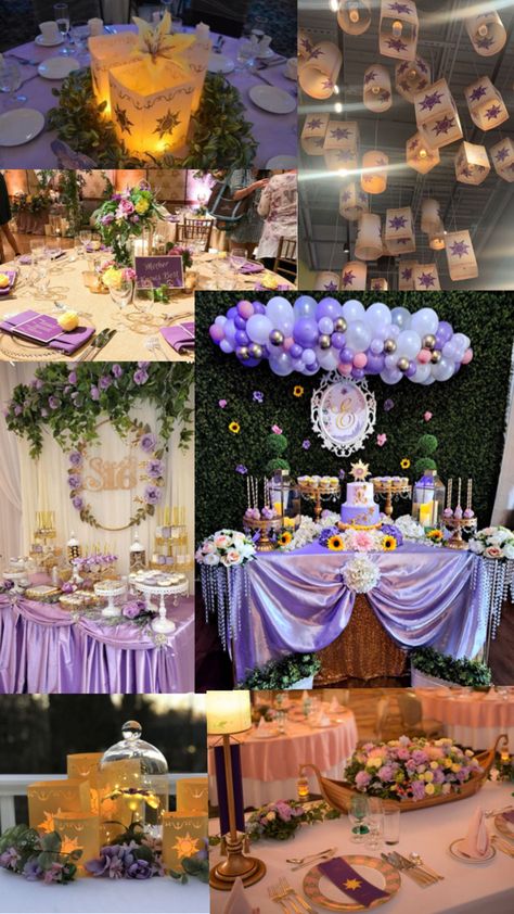 Lavender Quinceanera Ideas, Rapunzel Quinceanera Theme, Rapunzel Wedding Theme, Cinderella Sweet 16, Rapunzel Wedding, Tangled Wedding, Rapunzel Cake, Fairytale Wedding Theme, Sweet 15 Party Ideas Quinceanera