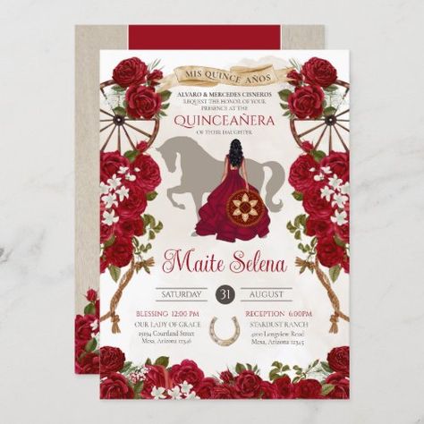 $ 3.15 | Rustic Western Red Roses Floral Charro Quinceanera - quinceanera invitation, charro quinceanera, red, floral roses, red quince dress, elegant fancy beautiful, western, red rose, rustic farm rodeo vintage, red quinceanos cowboy cowgirl Charro Quinceanera Theme, Quinceanera Charro, Red Quince Dress, Red Quince Theme, Charro Theme, Quinceanera Red, Invitation Quinceanera, Horse Invitations, Charro Quince