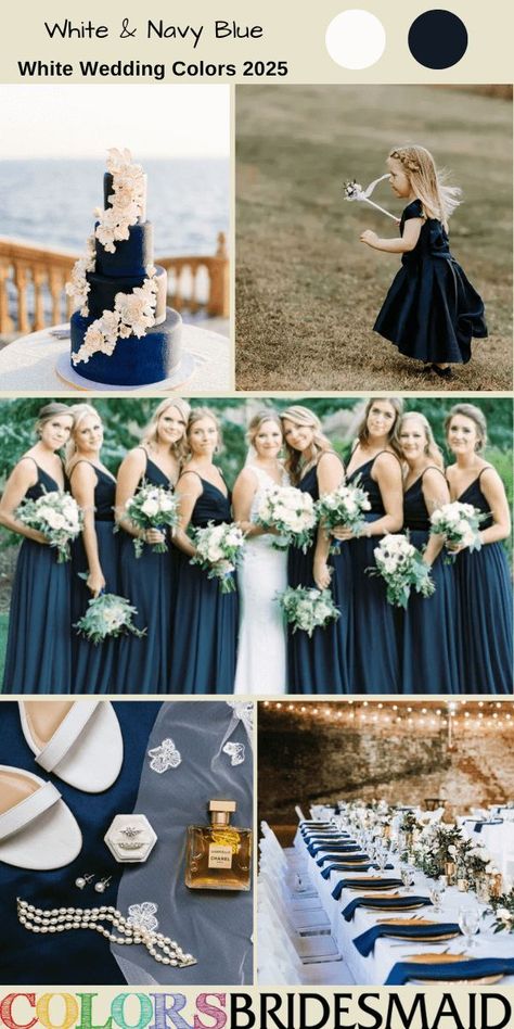 White and navy blue for white wedding colors 2025, navy blue bridesmaid dresses, white bridal gown, navy blue little flower girl dress, white flowers and greenery of bouquets and centerpieces, navy blue wedding napkins and wedding cake, white bridal shoes and wedding ring box. #weddingcolors #weddingideas #bridesmaiddresses #whiteweddings #colsbm #2025 #blueweddings #navyweddings #navyblueweddings #whiteandnavyblue #whiteandnavy Dusty Blue And Green Wedding, Blue And Green Wedding Colors, Blue Wedding Napkins, Wedding Colors 2025, July Wedding Colors, Wedding Cake White, Bridesmaid Dresses White, Flower Girl Dress White, Dark Blue Wedding