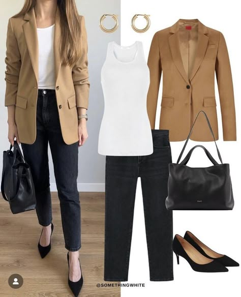 Navy Blazer Outfit Women Work, White Top Black Pants, Smart Casual Blazer, Smart Casual Work Outfit Women, Khakis Outfit, Women's Spring Fashion, Simple Work Outfits, Camel Blazer, Mode Tips