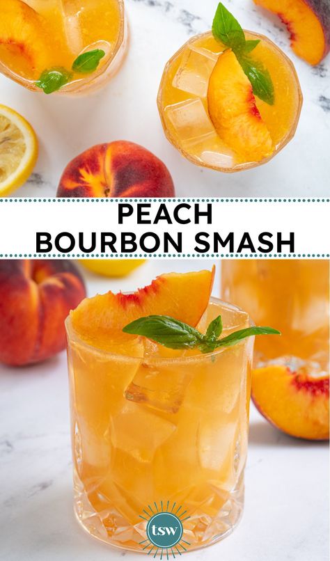 Such a perfect summertime cocktail, Bourbon Peach Smash. Using fresh juicy summer peaches which mix oh so well with smooth bourbon, this one is absolutely a crowd pleaser! Bourbon Peach Smash, Peach Bourbon Smash, Peach Smash Cocktail, Peach Bourbon Cocktail, Peach Smash Drink, Bourbon Smash Peach Bourbon, Bourbon Smash, Peach Drinks, Bourbon Drinks, Drink Tags, Kentucky Bourbon, Fresh Peaches, Boozy Drinks, Bourbon Cocktails