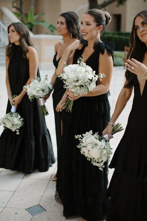 Black Bridesmaid Dresses With Flowers, Black Dress Bridesmaid Wedding, Bridesmaid Dresses Mismatched Black, Black Mismatched Bridesmaid Dresses, Mismatched Black Bridesmaid Dresses, Black Bridesmaid Dresses Mismatched, Black Bridal Party Attire, Black Bridesmaid Dress Mismatched, Wedding Core