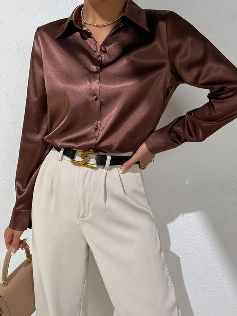 SHEIN BIZwear Solid Button Front Satin Shirt | SHEIN USA Silky Shirt Outfit, Brown Blouse Outfit, Brown Top Outfit, Satin Top Outfit, Satin Shirt Outfit, Collared Shirt Outfits, Silk Shirt Outfit, Satin Blouse Outfit, Satin Outfit