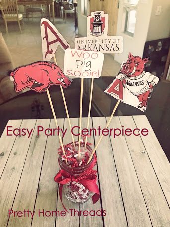 Razorback Party Decorations, Arkansas Razorback Party, Two Pig Sooie Birthday, Razorback Graduation Party, Arkansas Graduation Party, University Of Arkansas Graduation Party, Razorback Birthday Party, Easy Party Centerpieces, Razorback Party