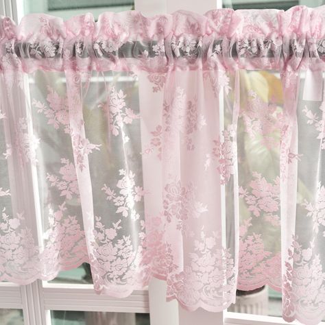 PRICES MAY VARY. Package Includes - Kotile Pink Sheer Valance Curtain is sold individually (1* sheer lace valance); Pink sheer valance dimension: 52 in. wide x 18 in. length; Classic Dual-Rod Pocket Top: 1.2"+2.8" which can fit most standard or decorative curtain rod. Super easy to hang and slide. Delicate Tulle Floral Lace Design - Made with poly and scalloped trim lace, pink lace valance is gorgeous and an elegant way to dress your kitchen/bathroom/dining and bedroom windows. This sheer lace v Pink Craft Room, Pink Short Curtains, Shabby Chic Curtains & Drapes, Shabby Chic Bedrooms Curtains & Drapes, Pink Room Curtains & Drapes, Shared Apartment, Sheer Valances, Small Bathroom Window, Shabby Chic Cottage Curtains & Drapes