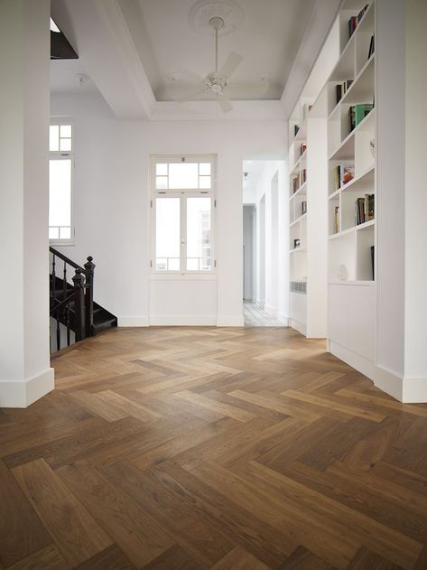 Wooden Floors Living Room, Wood Floor Design, Herringbone Wood Floor, Herringbone Wood, Hallway Designs, Flooring Inspiration, Herringbone Floor, Residential House, Wooden Floor