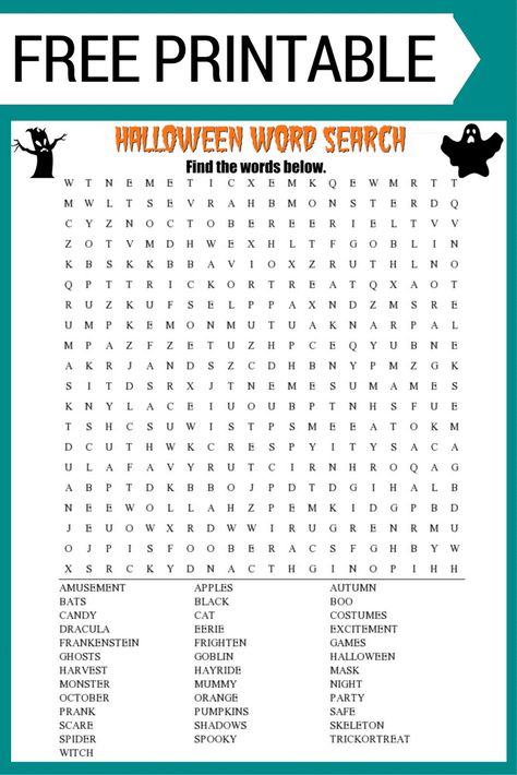 Halloween Word Search free printable worksheet with 30+ Halloween themed vocabulary words. Perfect for the classroom or as a fun holiday activity at home. Halloween Crossword Free Printable, Halloween Word Search Printables, Halloween Crossword, Halloween Crossword Puzzles, Halloween Worksheets Free, Halloween Activity Sheets, Holiday Word Search, Holiday Word, Autumn Activity