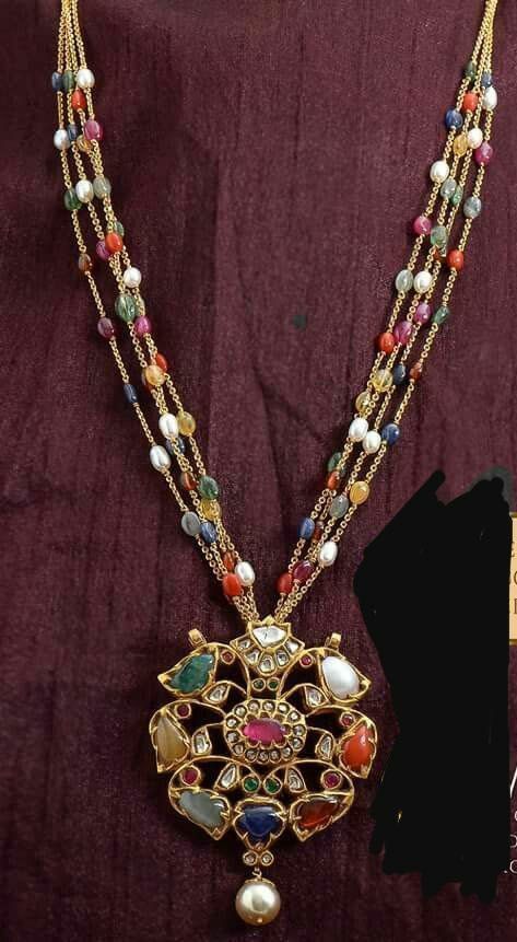 Multicolor necklace designs Navratna Pendant, Polki Pendant Set, Navratna Necklace, Polki Pendant, Beautiful Gold Necklaces, Gold Jewelry Simple Necklace, Antique Bridal Jewelry, Black Beaded Jewelry, Gold Pendant Jewelry