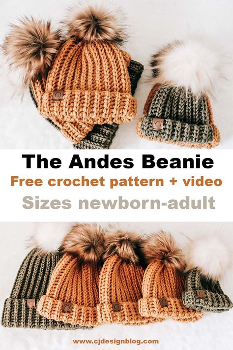 How to crochet the Andes Beanie – Free Beginner Pattern - CJ Design Blog Crochet Andes Beanie, Crochet Beanie Pattern Free All Sizes, Lined Crochet Beanie, Crochet Hat Blanket Yarn, Crochet Beanie Pattern Free Worsted, Crochet Touque Pattern, On The Go Crochet Projects, Toque Pattern Crochet, Crochet Knit Look Hat