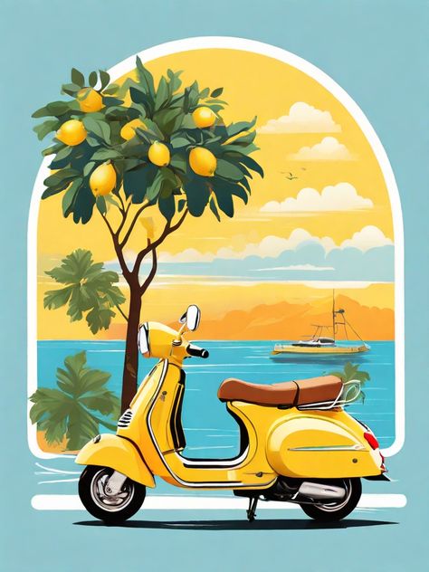 Vespa Painting Art, Vintage Lemon Wallpaper, Limoncello Illustration, Vintage Painting Ideas On Canvas, Mediterranean Drawing, Lemon Aesthetic Vintage, Yellow Poster Aesthetic, Summer Aesthetic Poster, Lemon Art Illustration