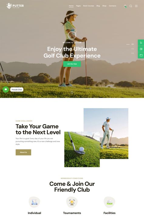 Putter is a modern & attractive Golf Club WordPress Theme. It is a perfect option for golf clubs (as well as other sports), personal golf trainer, golf coach, game, sports centers, sport review magazine, tennis club, sport blog and sport store. Golf Website Design, Sport Ads, Hotel Website Design, Chat Games, Web Ideas, Golf Hotel, Adaptive Design, Sport Events, Golf Magazine