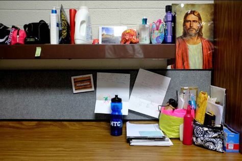 "A desk in a women's dorm room, which is shared by six 'sister' missionarie at the LDS Missionary Training Center in Provo Tuesday June 18, 2013." Photo by Trent Nelson. Despite the challenges of "adapt[ing] to 18-year-olds who have never lived away from home, ... the system is not set up for failure." MTC President Lon Nally estimates that under 0.05 % leave, including "those facing language, medical, emotional or spiritual issues." Captions from link Home Mtc Ideas, Six Sister, Lds Missionary, Study Areas, Church Ideas, Boot Camp, Training Center, Dorm Room, Utah