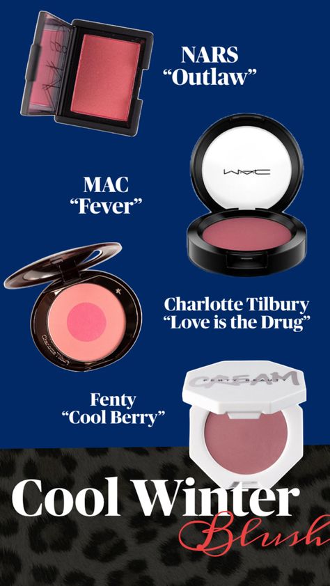 Deep Winter’s dramatic features are complemented by rich, cool blush shades. Here are our top blush picks:  	1.	NARS Blush in Outlaw - A deep rose with a golden shimmer that works beautifully for Deep Winter. 	2.	MAC Powder Blush in Fever - A deep, cool berry that brings out Winter’s bold tones. 	3.	Charlotte Tilbury Cheek to Chic in Love is the Drug - A deep, cool pink perfect for a bold flush. 	4.	Fenty Beauty Cheeks Out Freestyle Blush in Cool Berry - A deep berry shade that suits Deep Winter’s richness. Pin now to discover the best blush for Deep Winter’s dramatic and bold coloring! Charlotte Tilbury Cheek To Chic, Best Blushes, Best Blush, Mac Powder, Nars Blush, Seasonal Color Analysis, Deep Winter, Color Analysis, Fenty Beauty