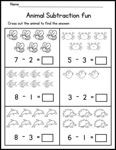 10 fun & engaging printable worksheets with pictures to help kids practice subtraction with numbers 1 to 10. Animals theme. Perfect for kindergarten & 1st Subtraction Activities Kindergarten, Maths Worksheets For Kindergarten, Subtracting Worksheets, Homeschool Planning Printables, Holiday Math Worksheets, Kindergarten Phonics Worksheets, 10 Animals, Kindergarten Coloring Pages, Kids Help