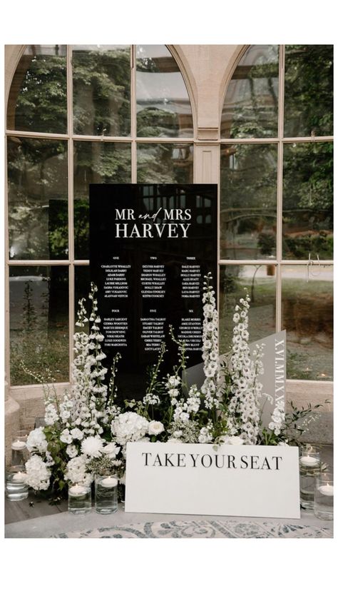 Black Tie Wedding Ideas Decor, Black Tie Wedding Palette, Modern Classy Wedding Decor, Timeless Black Tie Wedding, Classic Black Tie Wedding Decor, Modern Black And White Wedding Signage, Black And White Table Plan, Black Tie Classic Wedding, Black Tie Wedding Signage