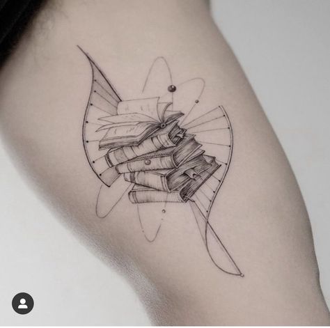 Book And Arrow Tattoo, Elegant Book Tattoos, Book Drawing Tattoo, Book Hand Tattoo, Booklover Tattoo Ideas, Book Shoulder Tattoo, Pile Of Books Tattoo, Knowledge Tattoo Ideas, Books Tattoo Design