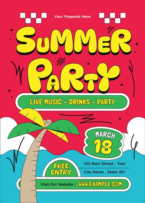 Summer Party Graphic Design, Summer Party Poster, Cold Brew Packaging, Festival Poster Design, Summer Party Flyer, Background Psd, Greeting Poster, Red Background Images, Adobe Illustrator Design