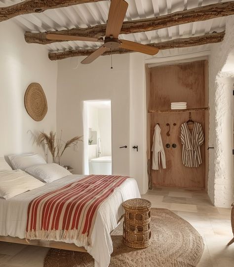 📸 Boho Bedroom Bliss 🌿🛏️ Step into serenity with white walls, a wooden ceiling fan, and a cozy bed with red striped linen. Natural light enhances the rustic charm of wicker furniture and earthy decor. A stylish double bathroom completes this tranquil retreat. All by me ✨ Inspired by: @morvedranoumenorca #ʙᴏʜᴏʙᴇᴅʀᴏᴏᴍ #interiordesign #naturallight #cozyspaces #homeinspiration #ʙᴏʜᴏsᴛʏʟᴇ #midjourneyinteriors #midjourney Wooden Ceiling Fan, Wooden Ceiling Fans, Earthy Decor, College Bedroom, Wooden Ceiling, Tranquil Retreat, Bedroom Bliss, Double Bathroom, Wicker Furniture