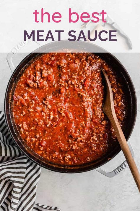 This amazing meat sauce recipe hails from my father-in-law's kitchen and is everyone's favorite. It's thick, hearty, and has phenomenal flavor thanks to a combination of beef, veal, and pork. Sunday dinner approved! #pasta #spaghettisauce Meat Sauce Recipe Italian, Best Meat Sauce, Beef Pasta Sauce, Italian Food Board, Meat Pasta Sauce, Pasta Meat Sauce, Kid Dinners, Meat Sauce Recipe, Homemade Meat Sauce