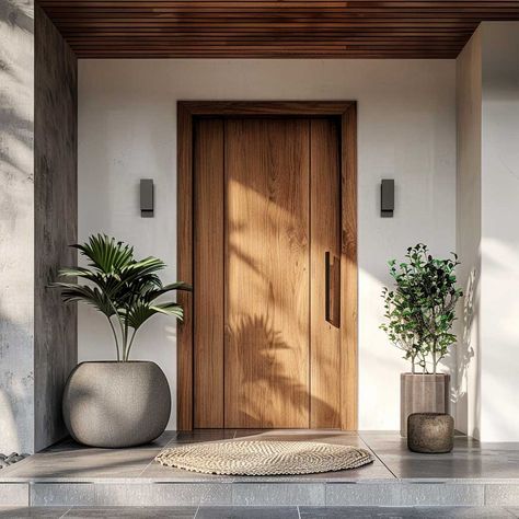 Japandi Front House, Japandi Door Design, Aesthetic House Entrance, Apartment Entrance Design Front Entry, Front Door Decorations Entrance, Front Door Entryway Ideas Exterior, House Exterior Entrance, Modern Foyer Entryway, Front Entryway Ideas Exterior