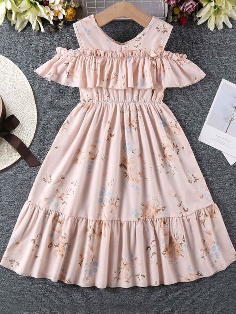 Pink Boho Collar Short Sleeve Polyester Floral A Line Embellished Non-Stretch  Girls Clothing Cute Frock Design, Frock Design Girl, A Line Dress For Kids, Frock Designs For Girl, Floral Dresses For Women, Fancy Short Dresses, Frocks Design, Flounce Hem Dress