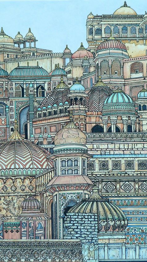 Drawings For Art Exhibition, India Painting Ideas, Drawing For Exhibition, Building Art Drawing, Indian Architecture Drawing, Indian Culture Art Drawing, Indian Culture Illustration, Indian Illustration Art, Indian Art Wallpaper