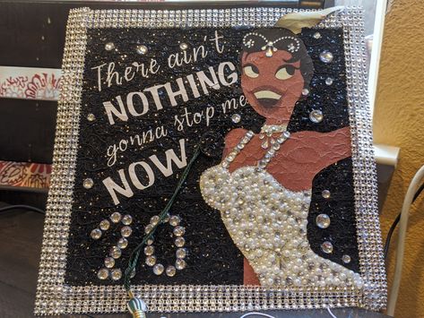 This was my daughter's high school graduation Cap. I started out with a green cap with tassle. I printed Princess Tiana & added words. Then beaded the life into it! Graduation Cap Designs Silver, Princess Tiana Graduation Cap Designs, Im Almost There Tiana Graduation Cap, Cap Decorations Ideas, Graduation Cap Designs With Crown, Graduation Cap Designs Tiana, Graduation Cap Designs Princess, Tiana Graduation Cap Ideas, Tiana Cap Decoration